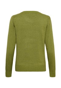 Pull vert uni à manches longues avec col, poignets et bas côtelés, vu de dos sur fond blanc.