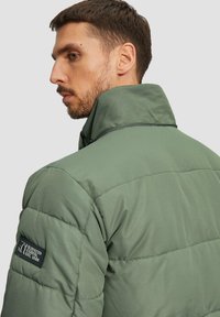 Groene pufferjack met een hoge kraag, gequiltde textuur en een logo-opdruk op de mouw. Materiaal lijkt lichtgewicht en duurzaam te zijn.