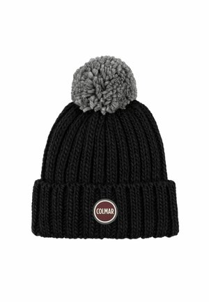 Zwarte gebreide beanie met een grijze pompon bovenop, met een geribbeld ontwerp en een ronde 'COLMAR' logo patch aan de voorkant.