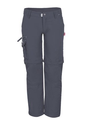 Dunkelgraue Cargohosen mit mehreren Taschen und Reißverschluss an den Knien für abnehmbare Shorts.