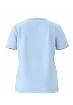 Tricou de culoare albastru deschis, fabricat dintr-un material neted, având mâneci scurte, o guler rotund și detalii minime la margini.