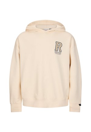 Beige Kapuzenpullover mit langen Ärmeln, mit großem "R" und dem Text "Registered Good Times" auf der linken Brust.