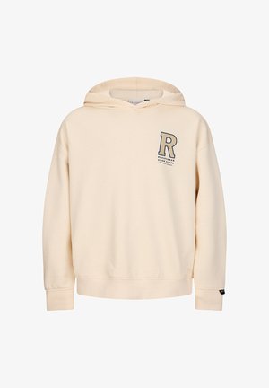 Beige Kapuzenpullover mit langen Ärmeln, mit großem "R" und dem Text "Registered Good Times" auf der linken Brust.