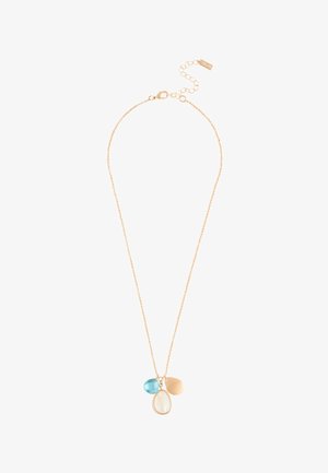 Zarte goldene Halskette mit drei Anhängern: ein blauer Tropfen-Stein, ein weißer Tropfen-Stein und ein glatter goldener Tropfen-Anhänger.