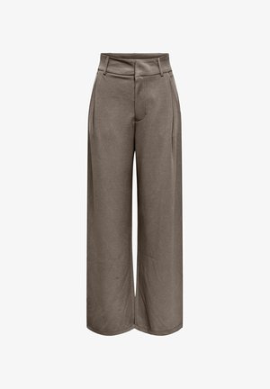 Pantalones de pierna ancha en color topo con cintura alta, trabillas para cinturón, bolsillos delanteros y cierre delantero oculto.