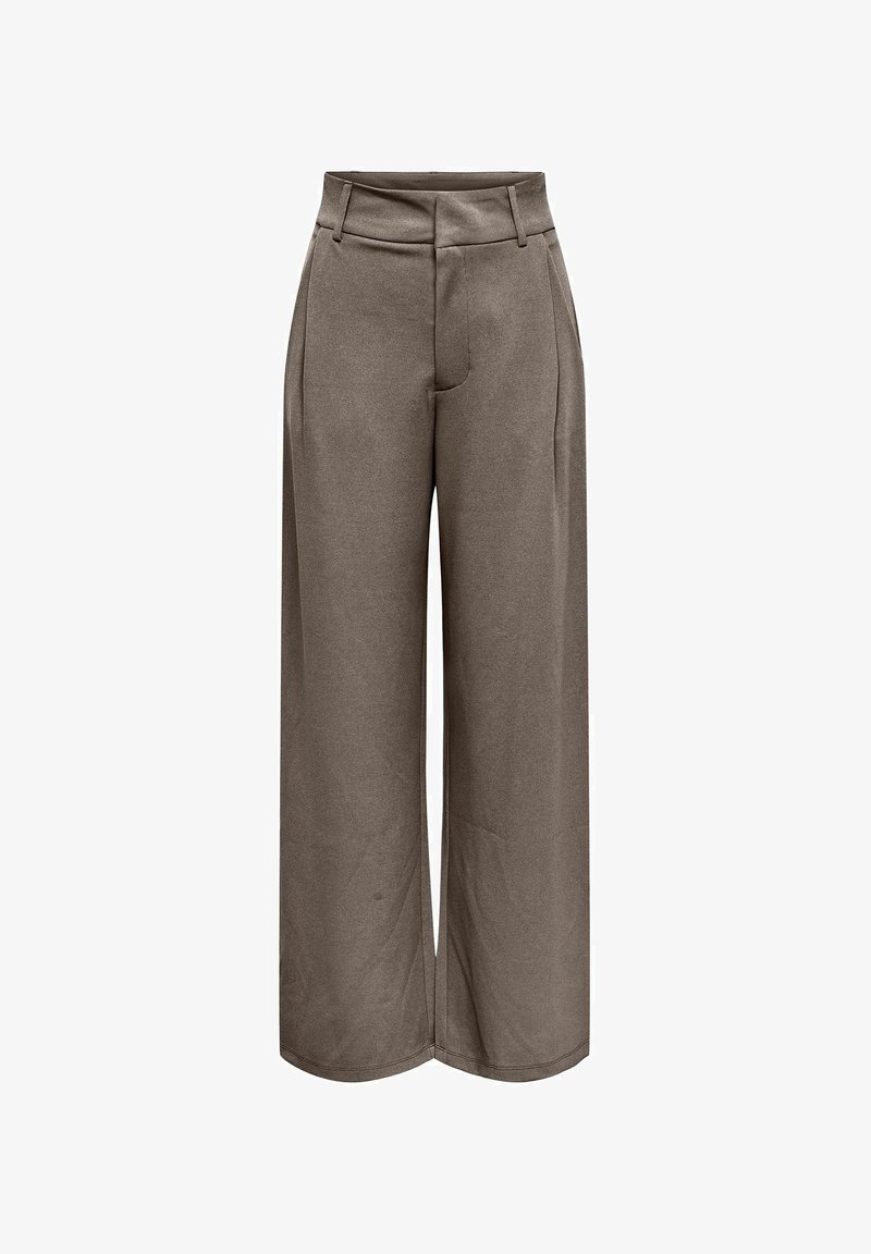 Bukser med vide ben i taupe med høj talje, bæltestropper, forlommer og skjult forlukning foran.