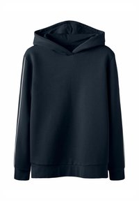 Sudadera azul oscuro con bolsillo frontal, capucha con cordón y franjas laterales blancas, confeccionada en un tejido suave y elástico.