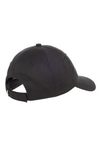Gorra de béisbol de algodón negro con visera curvada, correa ajustable en la parte trasera y detalles de costura sutiles. Textura suave en toda la superficie.
