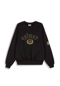 Sudadera negra con cuello redondo, puños y dobladillo acanalados. Presenta letras multicolores y acentos gráficos en la parte delantera y en la manga.