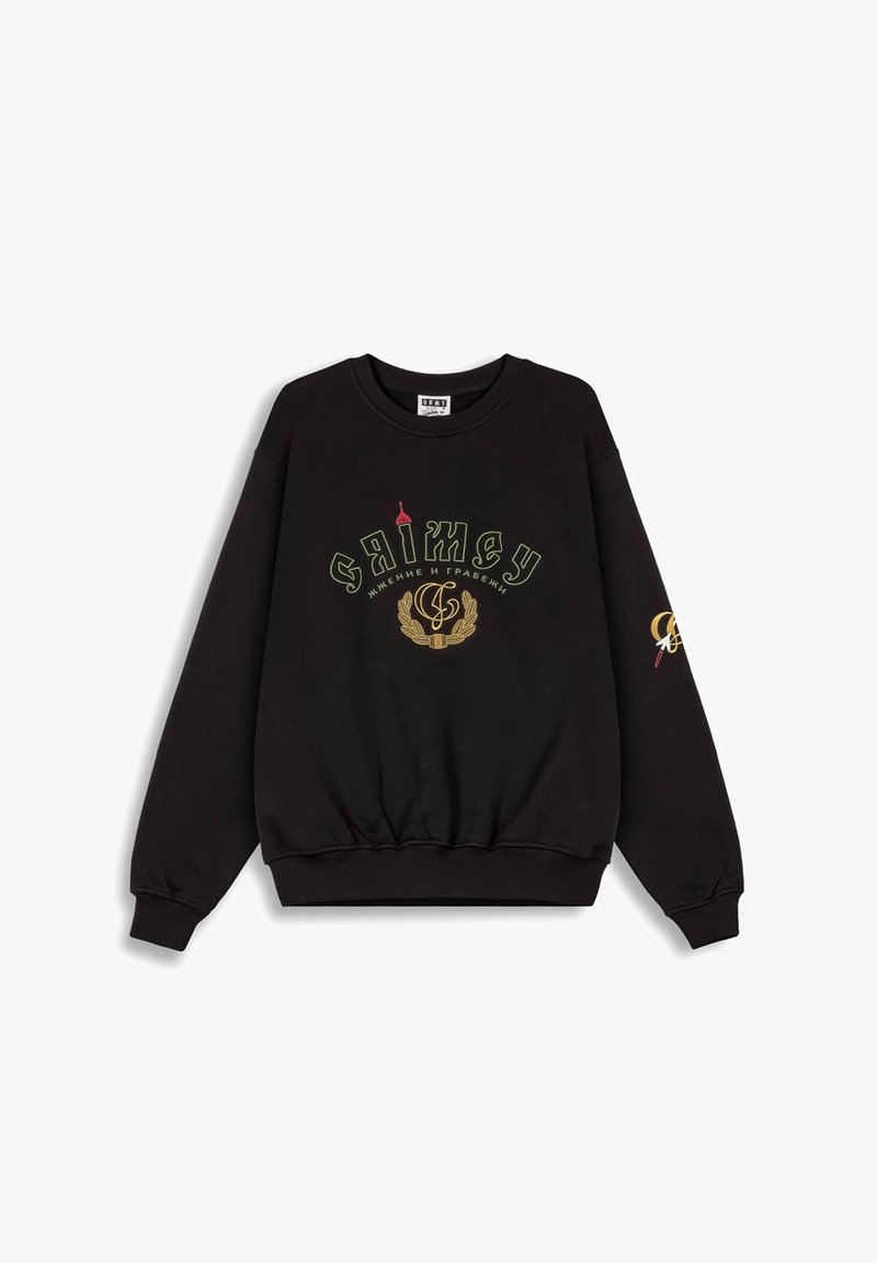 Sudadera negra con cuello redondo, puños y dobladillo acanalados. Presenta letras multicolores y acentos gráficos en la parte delantera y en la manga.