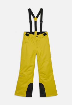 Žute snježne hlače s crnim podesivim naramenicama i crnim pojačanjima na unutarnjem dijelu gležnja, položene ravno na bijeloj pozadini.
