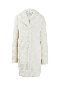 Witte nepbontjas met een getextureerd oppervlak, oversized sjaalkraag en lange mouwen. Heeft een rechte snit en een sluiting aan de voorkant.