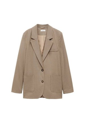Brown checkered blazer with a notched lapel, two front pockets, and a single button closure. Smooth fabric with a tailored fit.