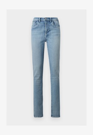 Jean denim bleu clair à jambe droite avec poches avant, fermeture à boutons et passants pour ceinture sur un fond blanc uni.