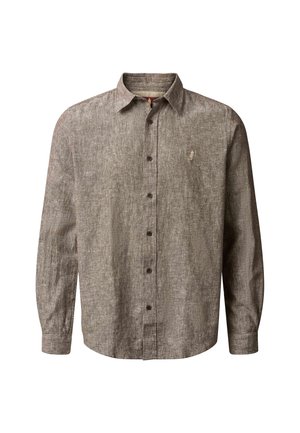 Rjava srajca z dolgimi rokavi, teksturirana, z gumbi, z ovratnikom in majhno vezeno znamko na levi strani prsnega koša.