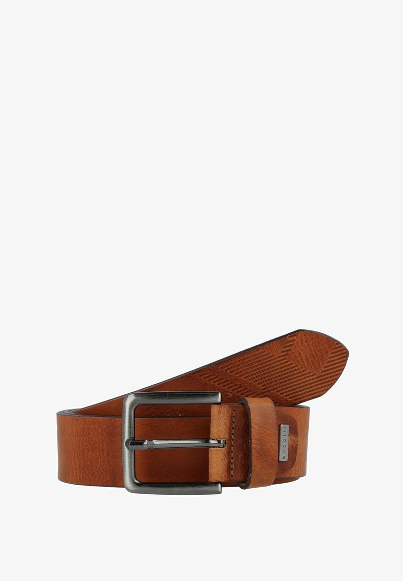 Cintura in pelle marrone con fibbia argento opaco. Presenta un lato inferiore testurizzato e un design della fibbia rettangolare.