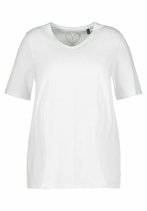 Weißes Baumwoll-T-Shirt mit kurzen Ärmeln, V-Ausschnitt und lockerer Passform. Glatte Textur und dezentes Herzmuster, das auf dem inneren Ausschnitt gedruckt ist.