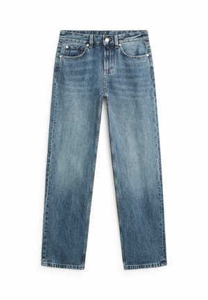 Modré džínové kalhoty s rovnými nohavicemi, pěti kapsami, poutky na pásek a zapínáním na knoflík, s jemně vybledlým efektem vpředu.