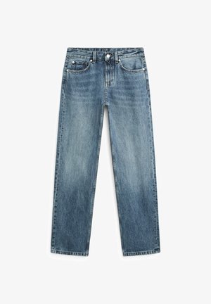 Modré džínové kalhoty s rovnými nohavicemi, pěti kapsami, poutky na pásek a zapínáním na knoflík, s jemně vybledlým efektem vpředu.