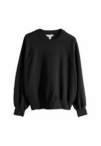 Schwarzer Langarm-Pullover mit Rundhalsausschnitt und gerippten Bündchen und Saum, flach auf einem weißen Hintergrund präsentiert.
