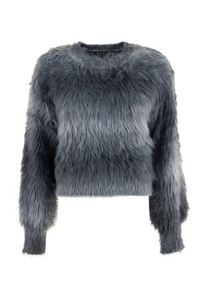 Pullover cropped in ecopelliccia grigia con scollo rotondo, maniche lunghe e una finitura morbida e testurizzata, caratterizzato da un gradiente di tonalità dal scuro al chiaro.