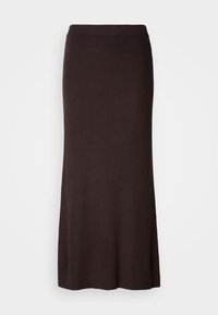 Ciemnobrąskowa, żebrowana dzianinowa spódnica o prostym kroju, do kostek, z wysokim stanem, zaprezentowana na białym tle.