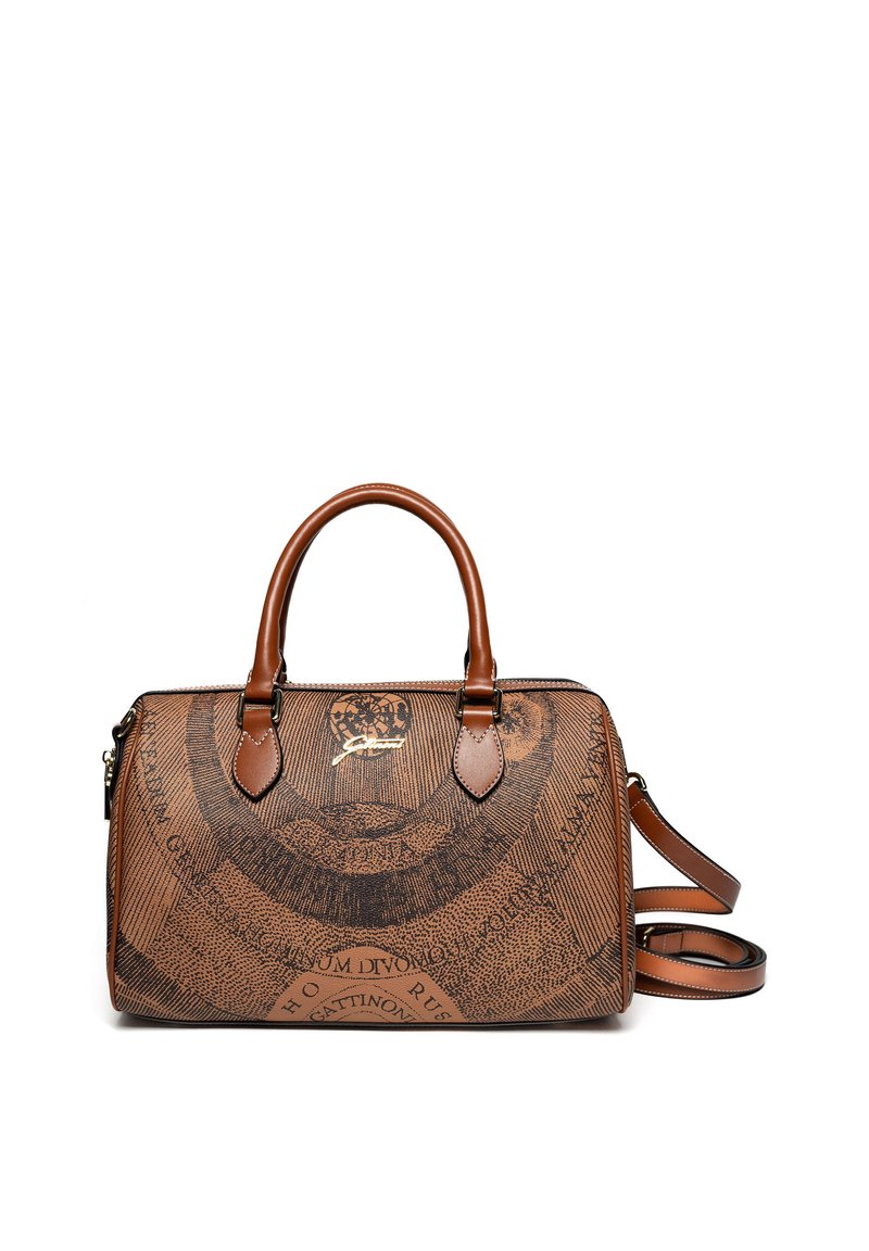 Brun cylindrisk handväska med två handtag och en avtagbar axelrem, med tryck av vintagekarta och detaljer i guld.