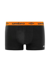 Boxers pour hommes noirs avec une ceinture élastique orange arborant le logo Umbro en noir et un petit logo Umbro blanc sur la jambe.