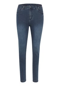 Uske uski skinny-fit traperice tamnoplave boje, s srednjim strukom, pet džepova i kopčanjem na dugme; glatka tekstura s laganim izbljeđenjem.
