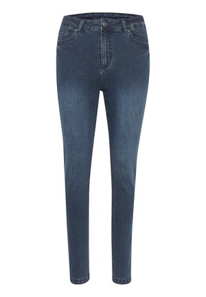 Tumedatehised teksad tumedas denimis, keskmise kõrgusega taljega, viie tasku ja nööbiga; sile tekstuur kerge kulumisega.