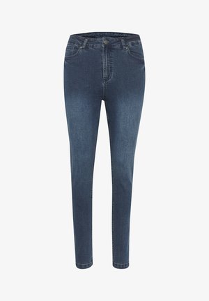 Jeans skinny-fit din denim albastru închis cu talie medie, cinci buzunare și închidere cu nasture; textură netedă cu o ușoară decolorare.