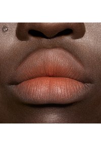 Gros plan sur des lèvres pleines et mates dans une teinte terracotta chaude, avec une texture visible et une nuance subtile de brillant sur une peau foncée. Aucune autre caractéristique visible.