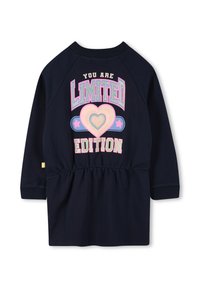 Navy blue collegehame, jossa on elastinen vyötärö. Rohkeaa etulogoa vaaleanpunaisena ja valkoisena, jossa sydän- ja tähti -kuvioita. Pitkät hihat.