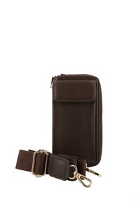 Borsa a tracolla in pelle marrone scuro con tasca anteriore a pattina, scomparto principale con zip e tracolla regolabile con ganci in tono oro.