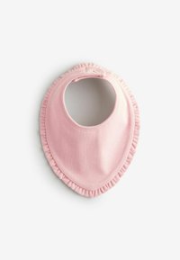 Pink fabric bib with a rounded shape, featuring a ruffled edge and a snap closure at the top for easy fastening. Soft texture.