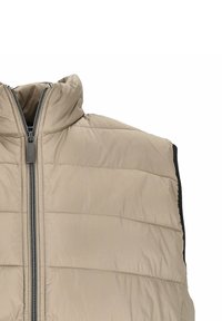 Beige Steppweste mit hohem Kragen, Reißverschluss und horizontalem Steppmuster; verfügt über schwarze seitliche Akzente. Weiches, leichtes Material.