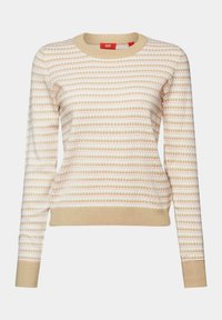Pull en maille beige et blanc à manches longues avec encolure ronde et poignets et ourlet côtelés, présentant un motif de rayures horizontales à pois.