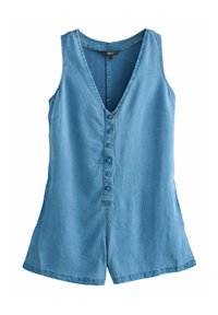 Denim kombinezon u svijetloplavoj boji, s V-izrezom, bez rukava, prednjim kopčanjem na dugmad i bočnim džepovima. Glatka, teksturirana tkanina.