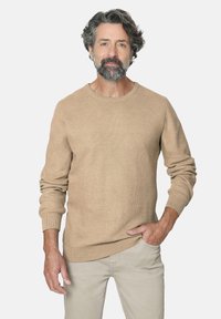 Hombre con cabello y barba canosos, vistiendo un suéter beige texturizado y pantalones claros, de pie con una mano en el bolsillo frente a un fondo sencillo.