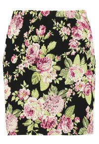 Jupe mini florale avec une base noire et des motifs de roses roses et vertes. Tissu texturé avec une coupe ajustée et une ceinture sans ornement.