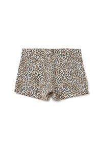 Shorts con estampado de leopardo en beige y marrón con una textura similar al denim, que cuentan con una cinturilla, dos bolsillos traseros y un ajuste estructurado.