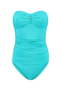 Bañador sin tirantes en color turquesa con diseño fruncido y plisados frontales, que presenta un pequeño detalle metálico en el busto. Sutil brillo en la tela.