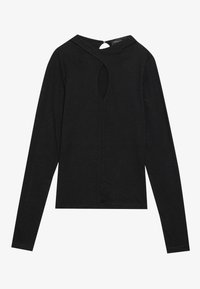 Svart langermet topp med rund hals og nøkkelhulldetalj bak. Myk stoff med en jevn tekstur. Enkel design.
