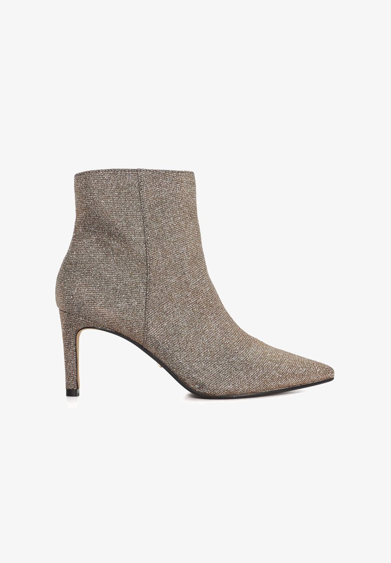Brown textured ankle boot with a pointed toe and a slim high heel. The upper features a woven fabric design.