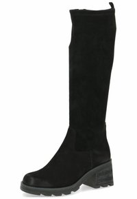 Stivale nero al ginocchio in suede con una parte superiore texture, pannelli laterali elastici e un tacco spesso e decorato per una migliore aderenza.