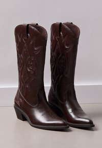 Braune Leder-Cowboy-Stiefel mit spitzen Zehen, dekorativer Naht und niedrigem Blockabsatz. Verfügt über vertikale Schlitze an der Oberseite für einen einfachen Einstieg.