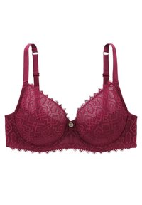 Soutien-gorge en dentelle bordeaux avec armatures, présentant des motifs géométriques, des bords festonnés, des bretelles réglables et un bouton décoratif au centre.