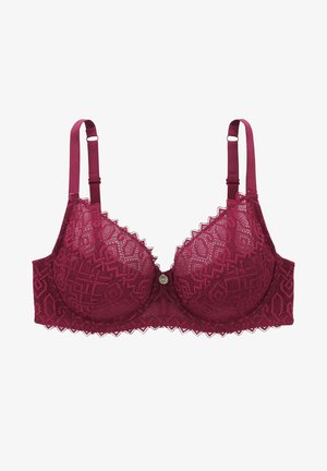 Soutien-gorge en dentelle Bordeaux avec des motifs géométriques, bon maintien grâce aux armatures, bretelles réglables et accent décoratif au centre.