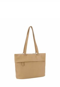 Borsa tote beige con doppi manici in pelle, texture liscia e cucitura orizzontale in cima. Presenta un branding minimal su un lato.