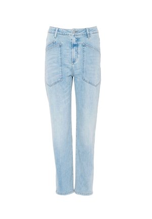 Lyseblå denimjeans med høy midje, store frontlommer og rett benpassform.